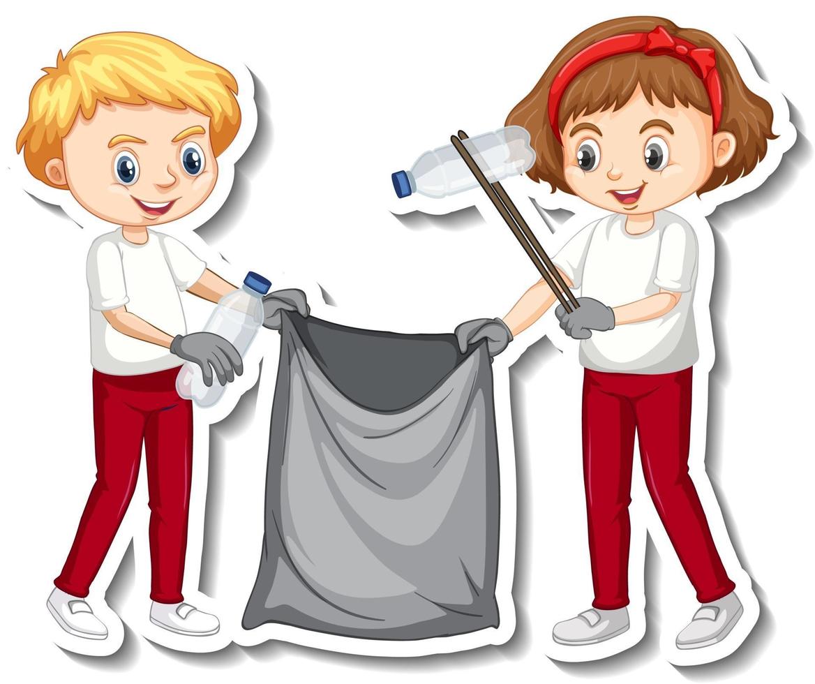 Sticker design with children collecting garbage vector