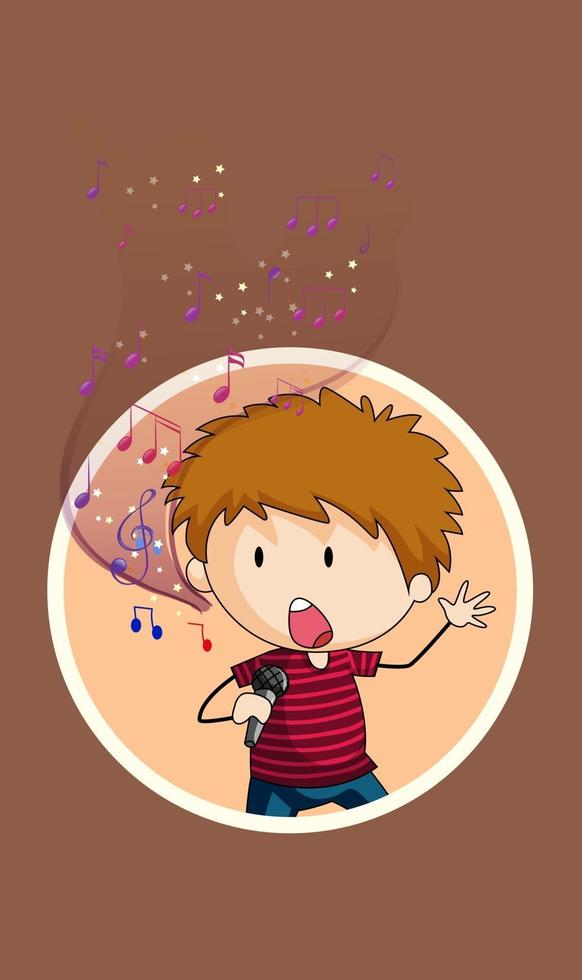 Doodle personaje de dibujos animados de un niño cantante cantando con símbolos de melodía musical vector