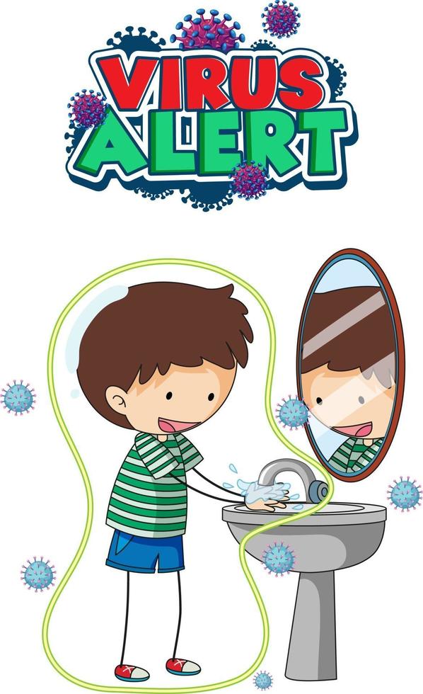 Virus Alert font design with a boy washing his hands on white background vector