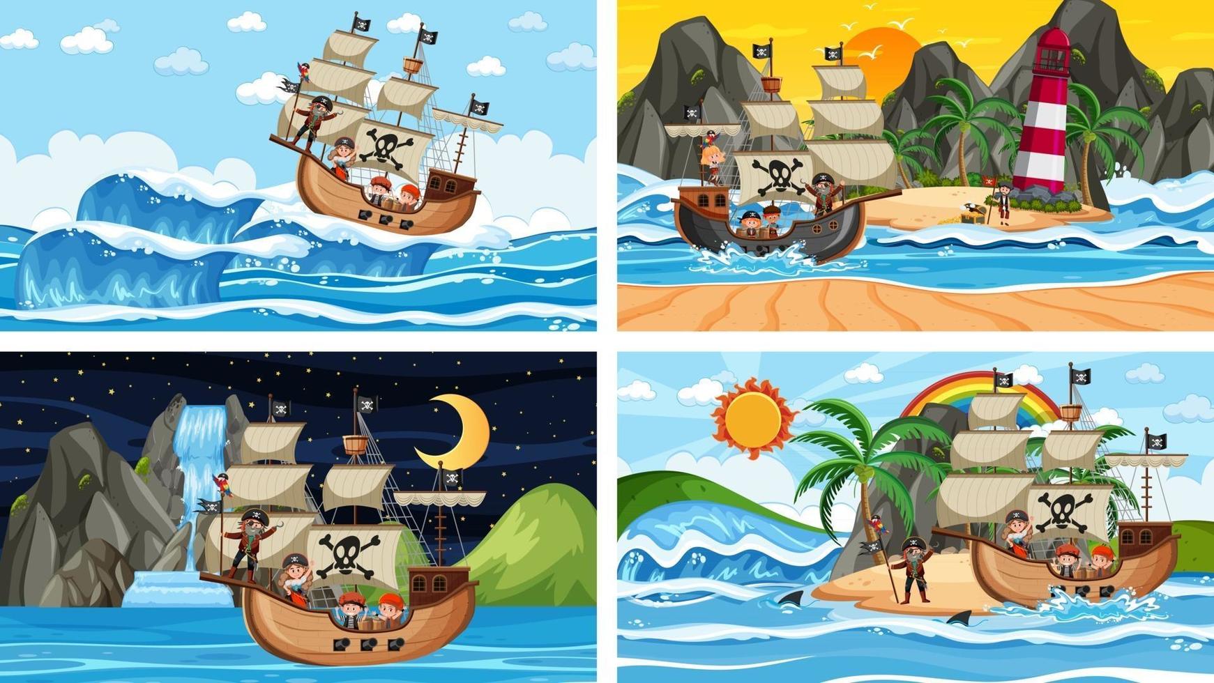 Set of different beach scenes with pirate ship and pirate cartoon character vector