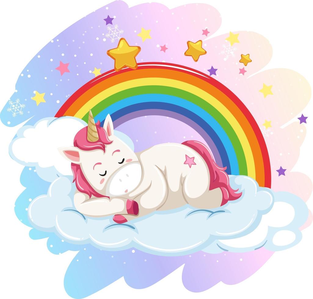 Cute unicorn laying on cloud in the pastel sky with rainbow vector