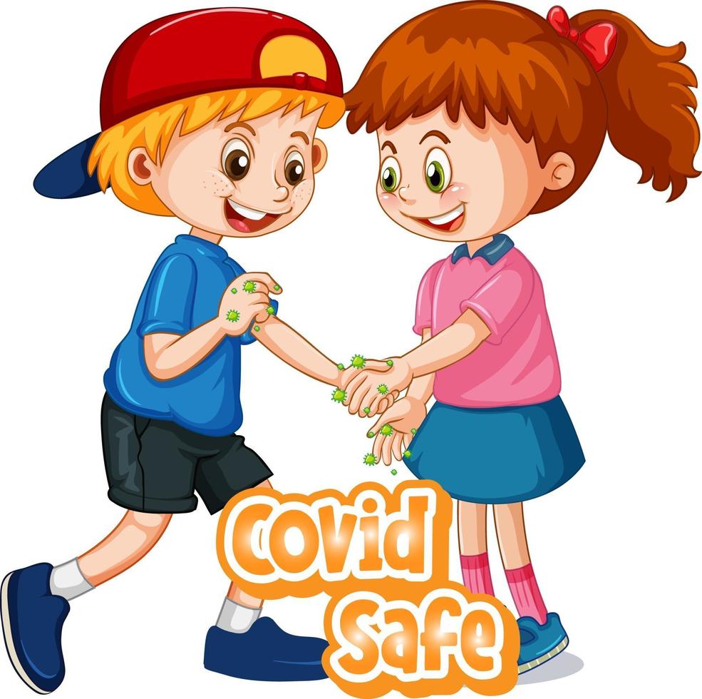 Two kids cartoon character do not keep social distance with Covid Safe font isolated on white background vector