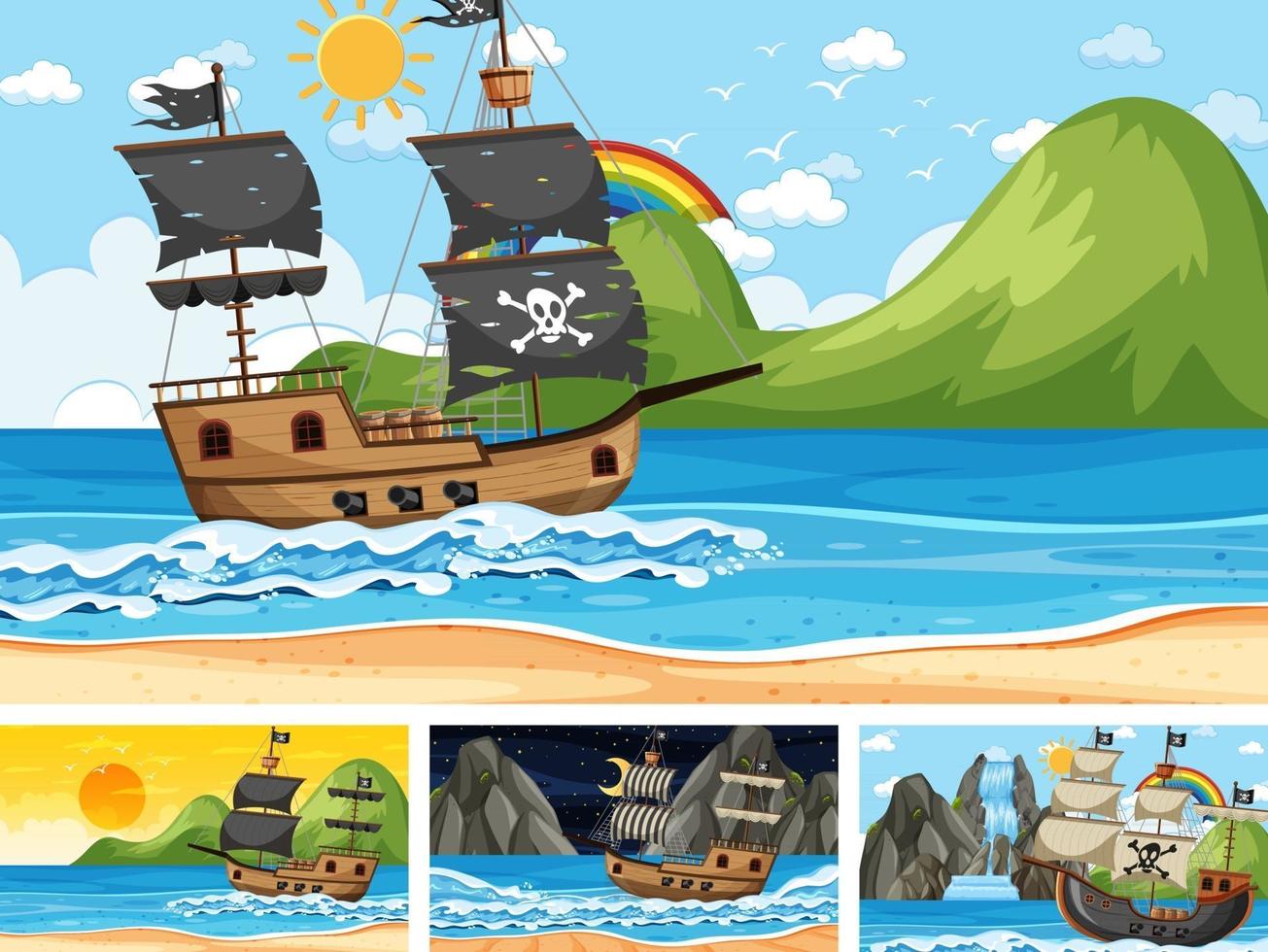 Set of ocean scenes at different times with Pirate ship in cartoon style vector