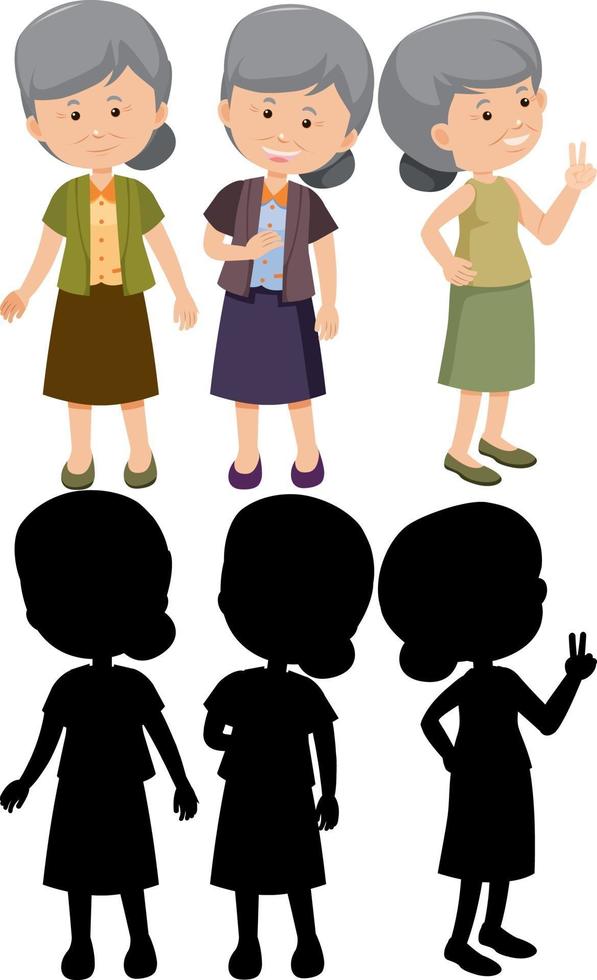 Set of old woman cartoon character with different positions with silhouette vector