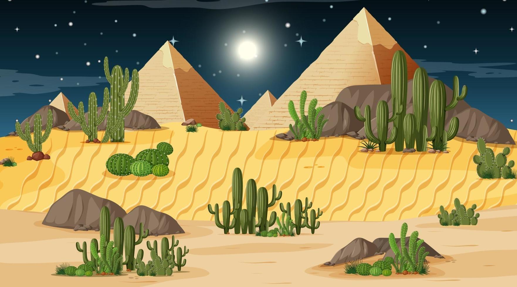 paisaje de bosque desértico en la escena nocturna con pirámide vector