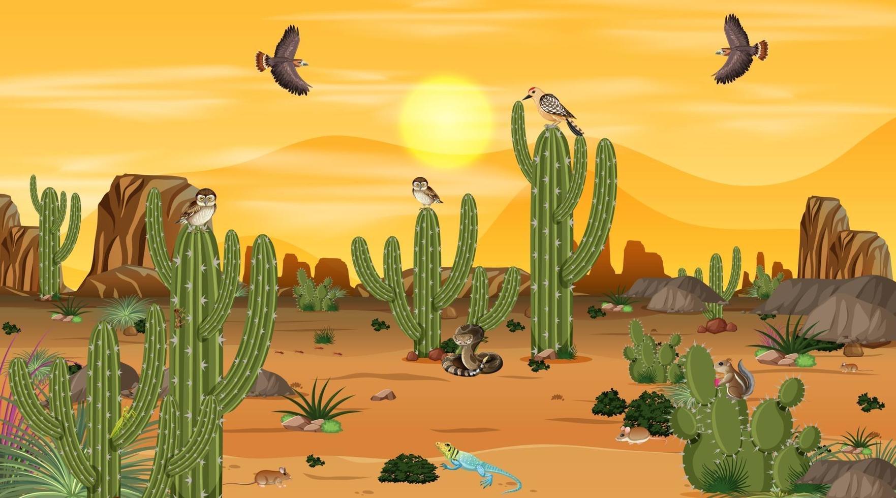 paisaje de bosque desértico en la escena del atardecer con animales y plantas del desierto vector