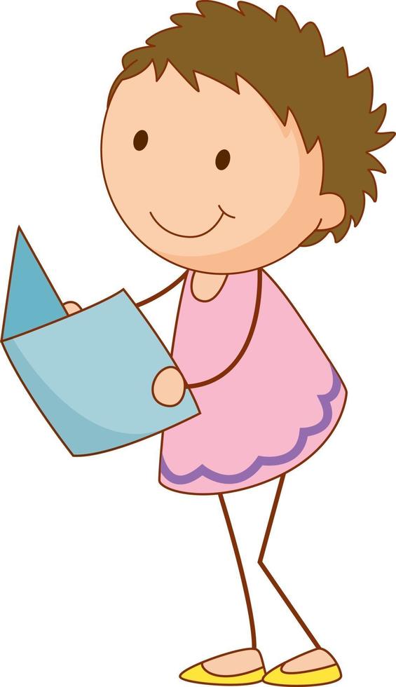 A doodle kid reading a book cartoon character isolated vector