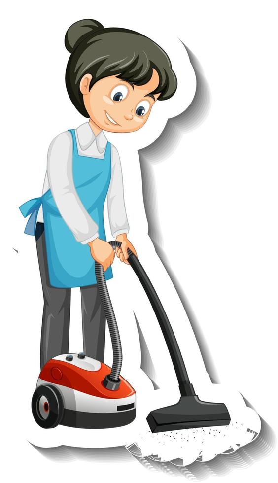 A housekeeper girl using vacuum cleaner sticker vector