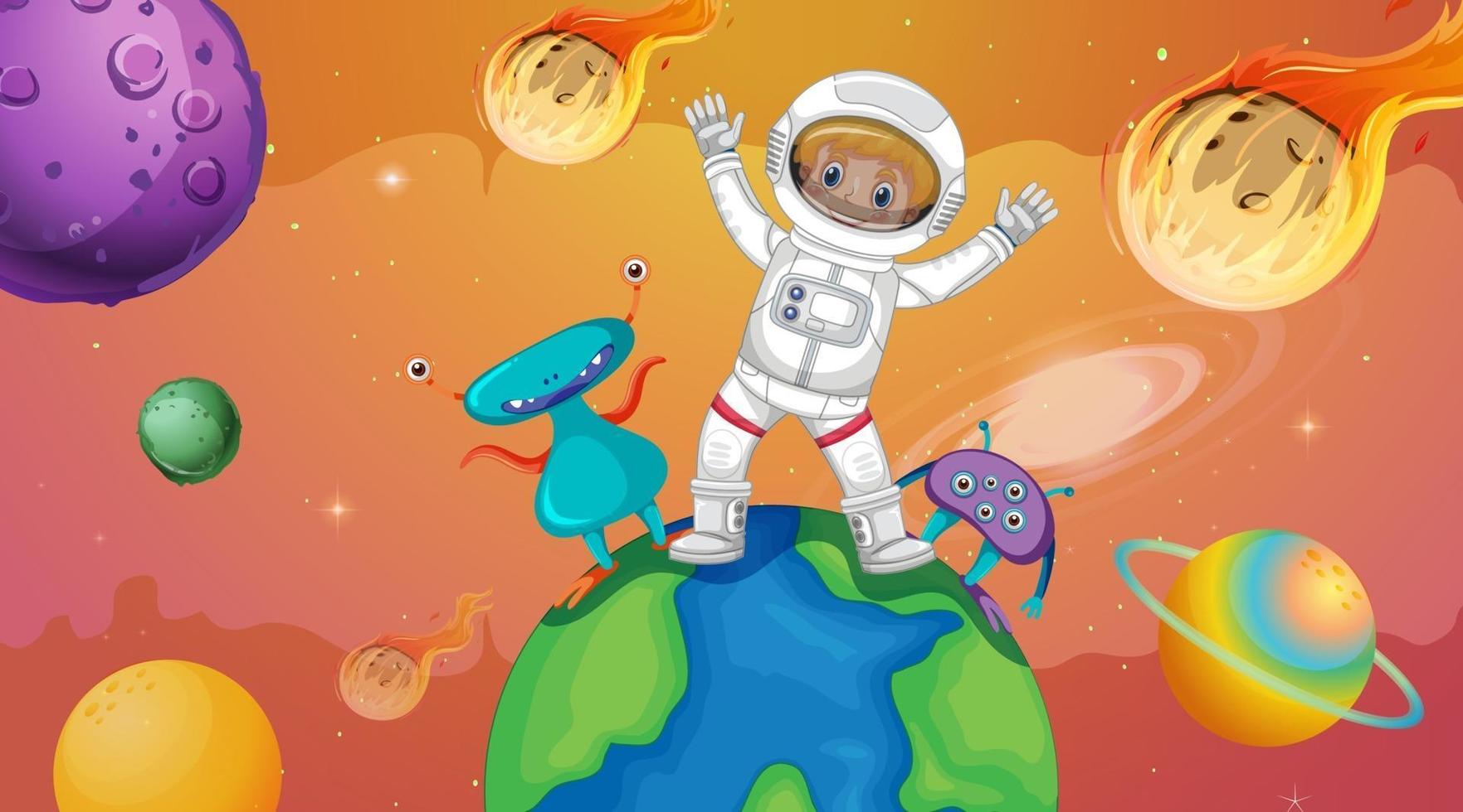 Astronaut kid with aliens standing on the earth in space scene vector