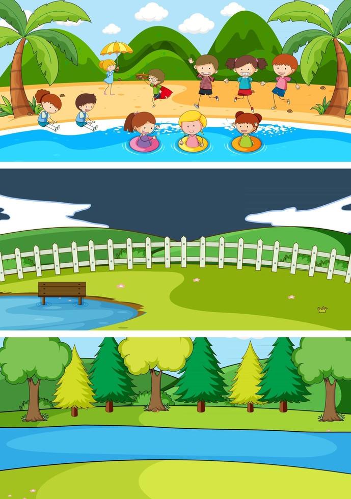 Set of different horizon scenes background with doodle kids cartoon character vector