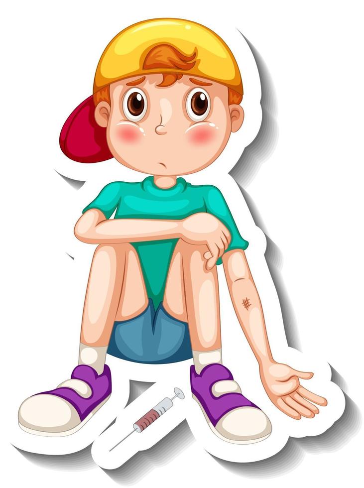 Sticker template with a boy taking drug cartoon character isolated vector