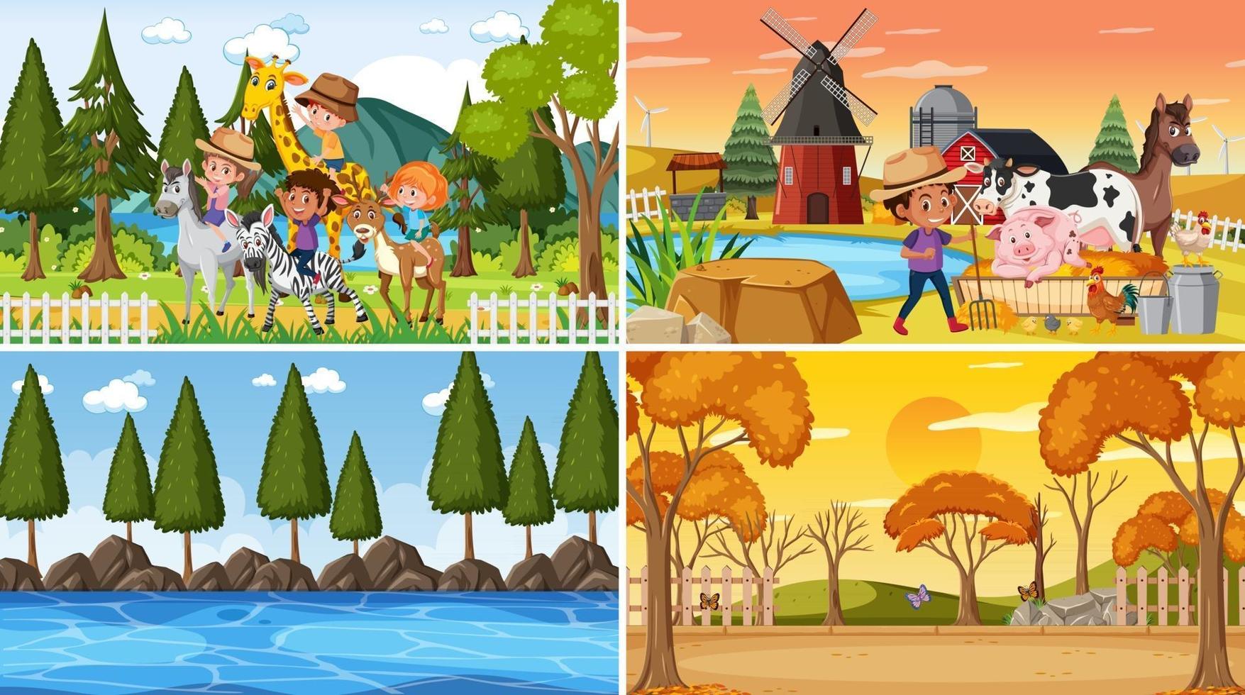 Set of different nature scenes background with people vector