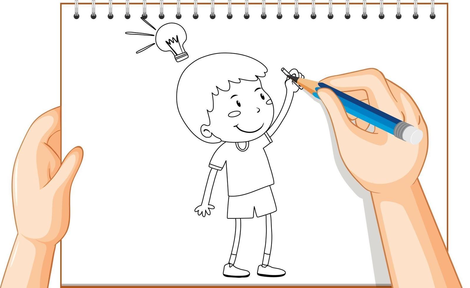 Hand drawing of kid with idea lamp outline vector