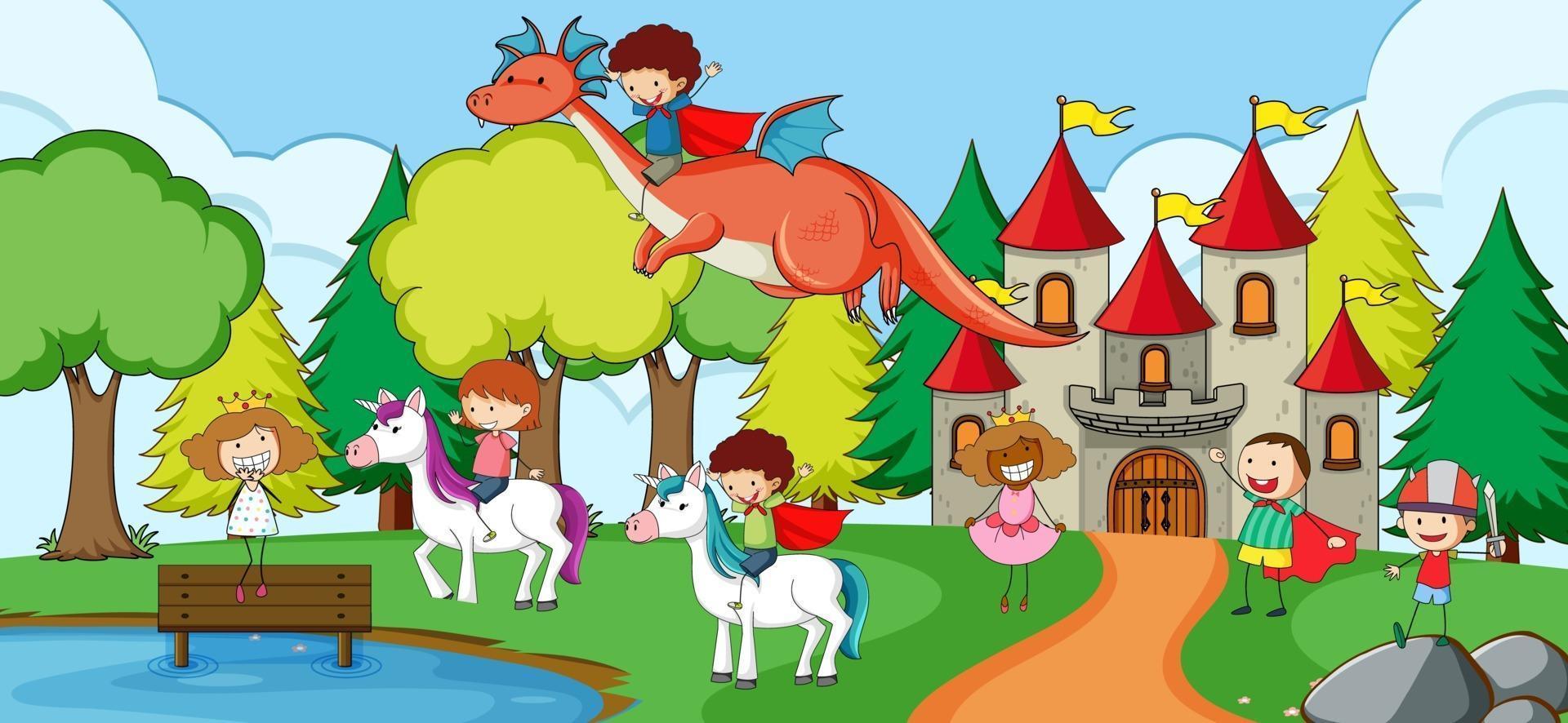 Many kids doodle cartoon character in nature scene with castle vector