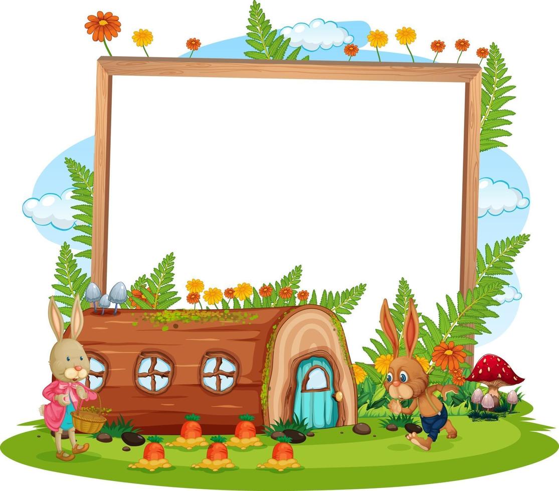 Blank banner in the garden with two rabbits isolated vector