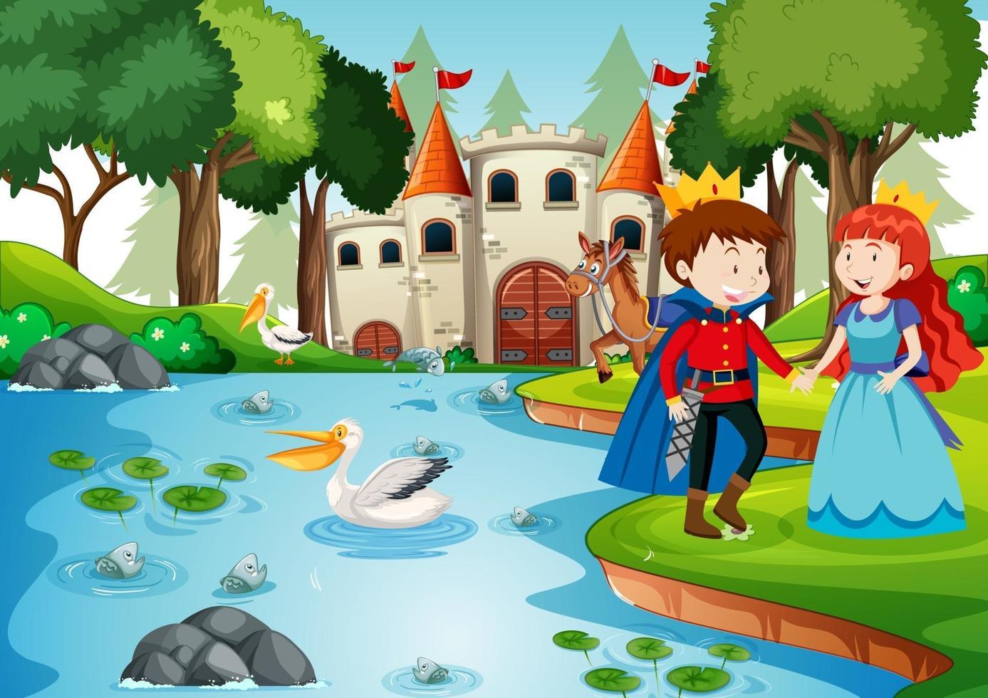 Scene with prince and princess at the castle vector