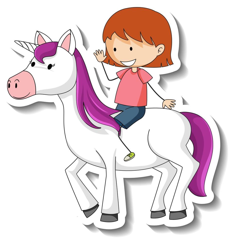 lindas pegatinas con una niña montando un personaje de dibujos animados de unicornio vector