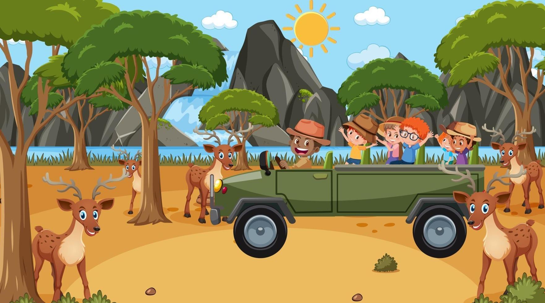 Safari en escena diurna con niños viendo grupo de ciervos. vector