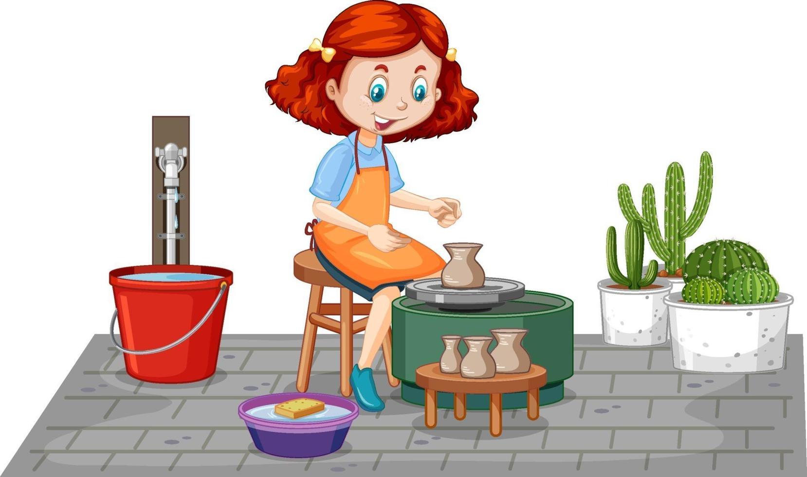 Cartoon character girl making pottery clay on white background vector
