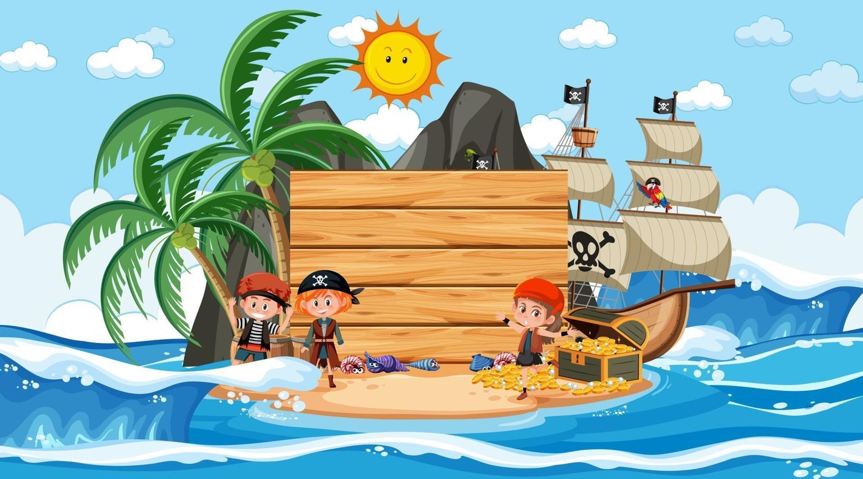 Pirate kids at the beach daytime scene with an empty banner template vector