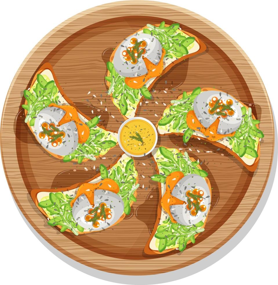 Top view of many breakfast bruschetta on a round plate isolated vector