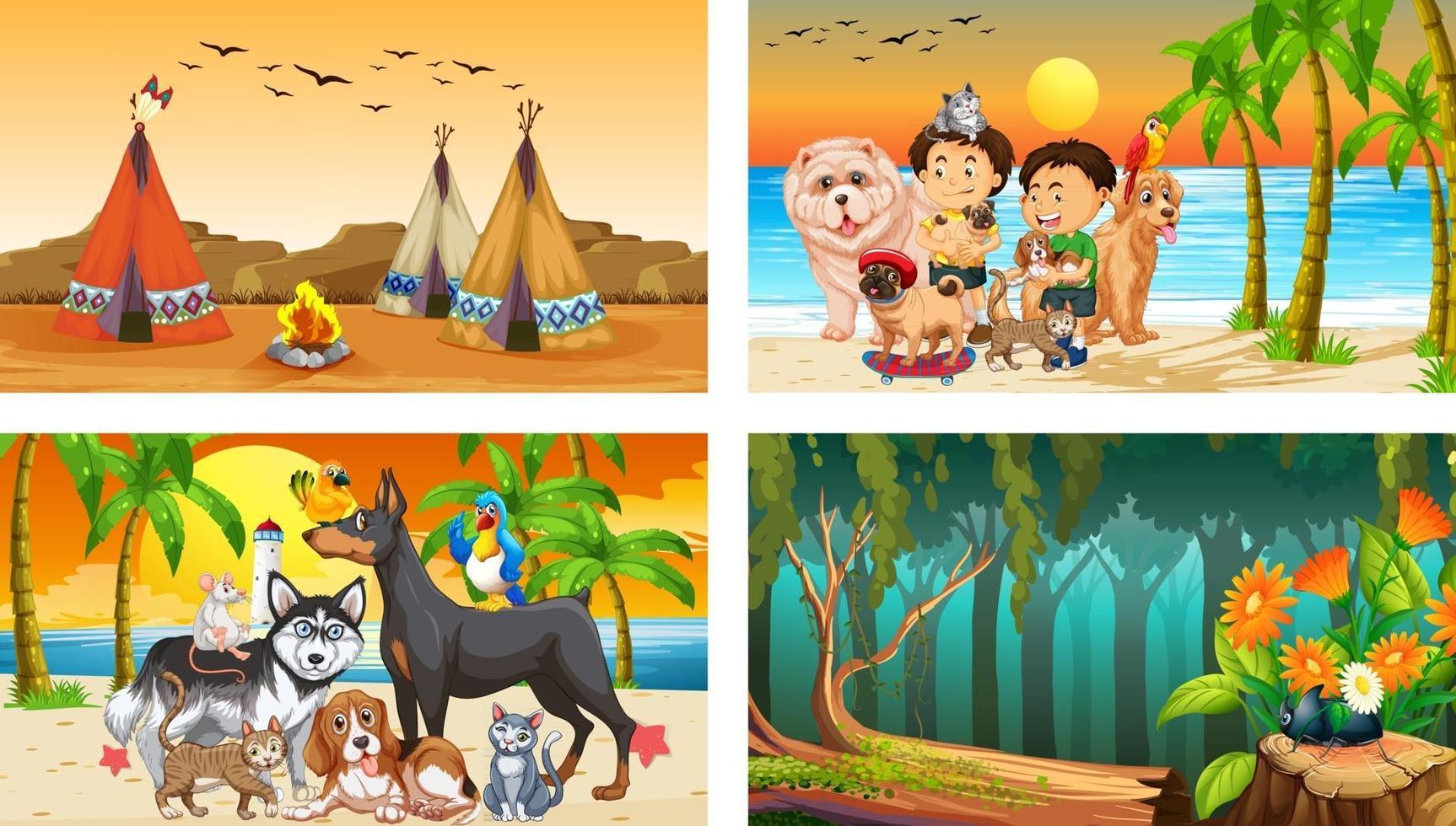 Four different scenes with children cartoon character vector