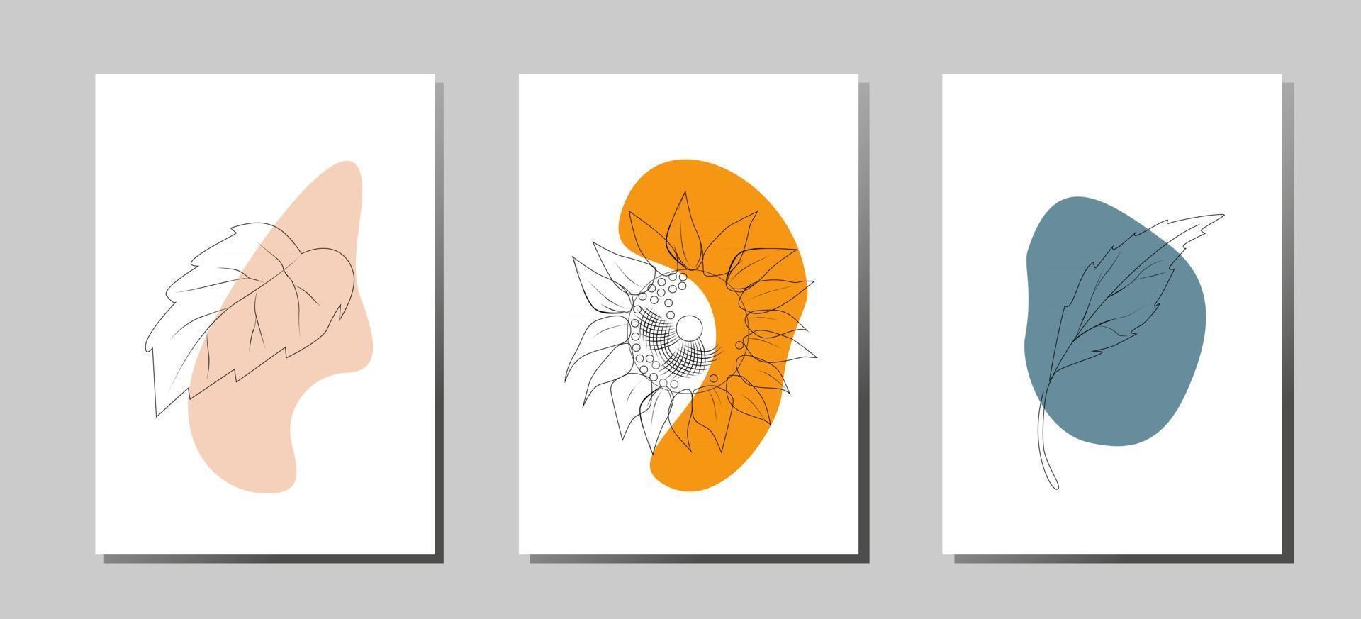 A set of posters of a fashionable modern abstract composition of sunflower and leaves vector