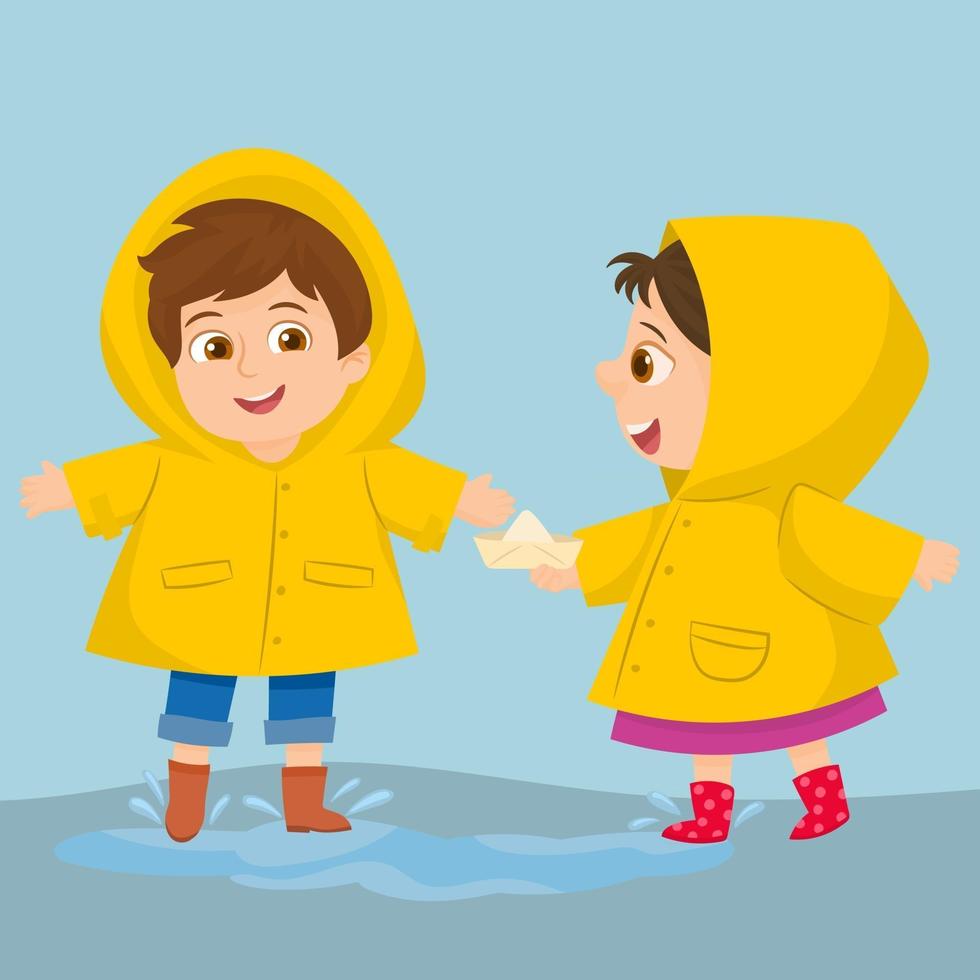 happy kid play wear raincoat vector