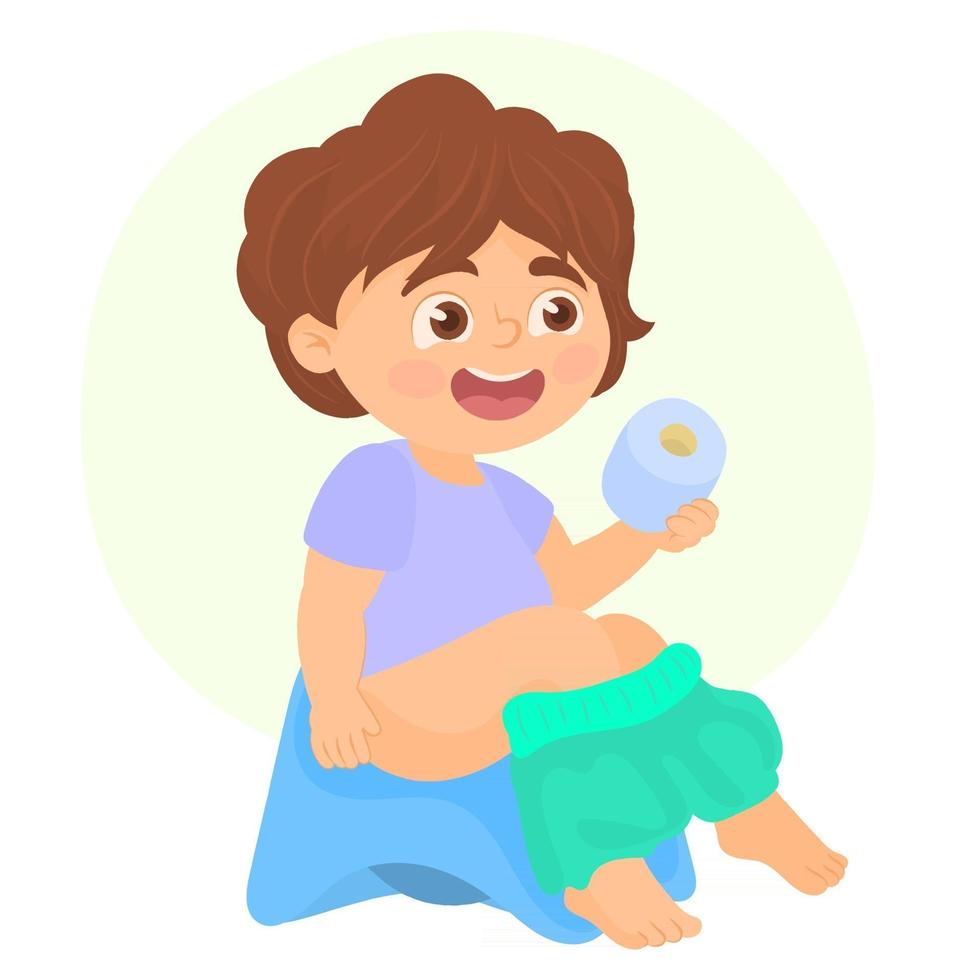 boy sitting on potty holding rolls paper vector