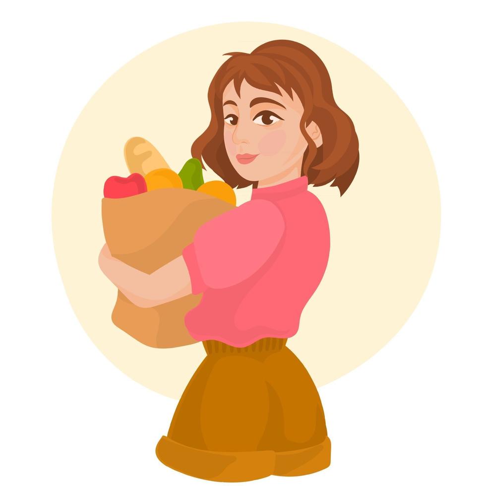 Woman holding paper bag full of fresh groceries vector