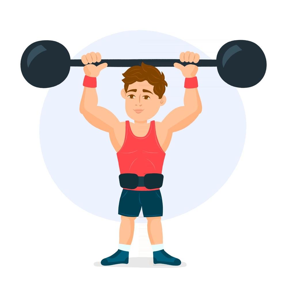 Strong boy lifting a heavy weight barbell vector