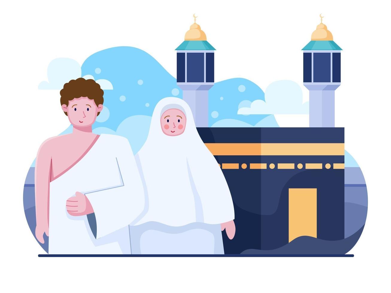 Ilustración plana de la tradición religiosa islámica de viajes hajj y umrah. Persona musulmana rezando en Kaaba, Mekah, Arabia Saudita. se puede utilizar para pancartas, carteles, web, libros, folletos. vector