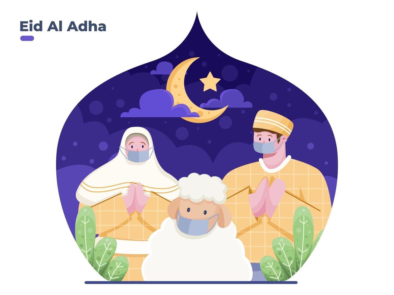 Greeting happy eid al adha flat illustration with muslim person wearing face mask to prevent covid-19 virus or coronavirus. Eid al adha stay safe in pandemic. Suitable for banner, poster, web. vector