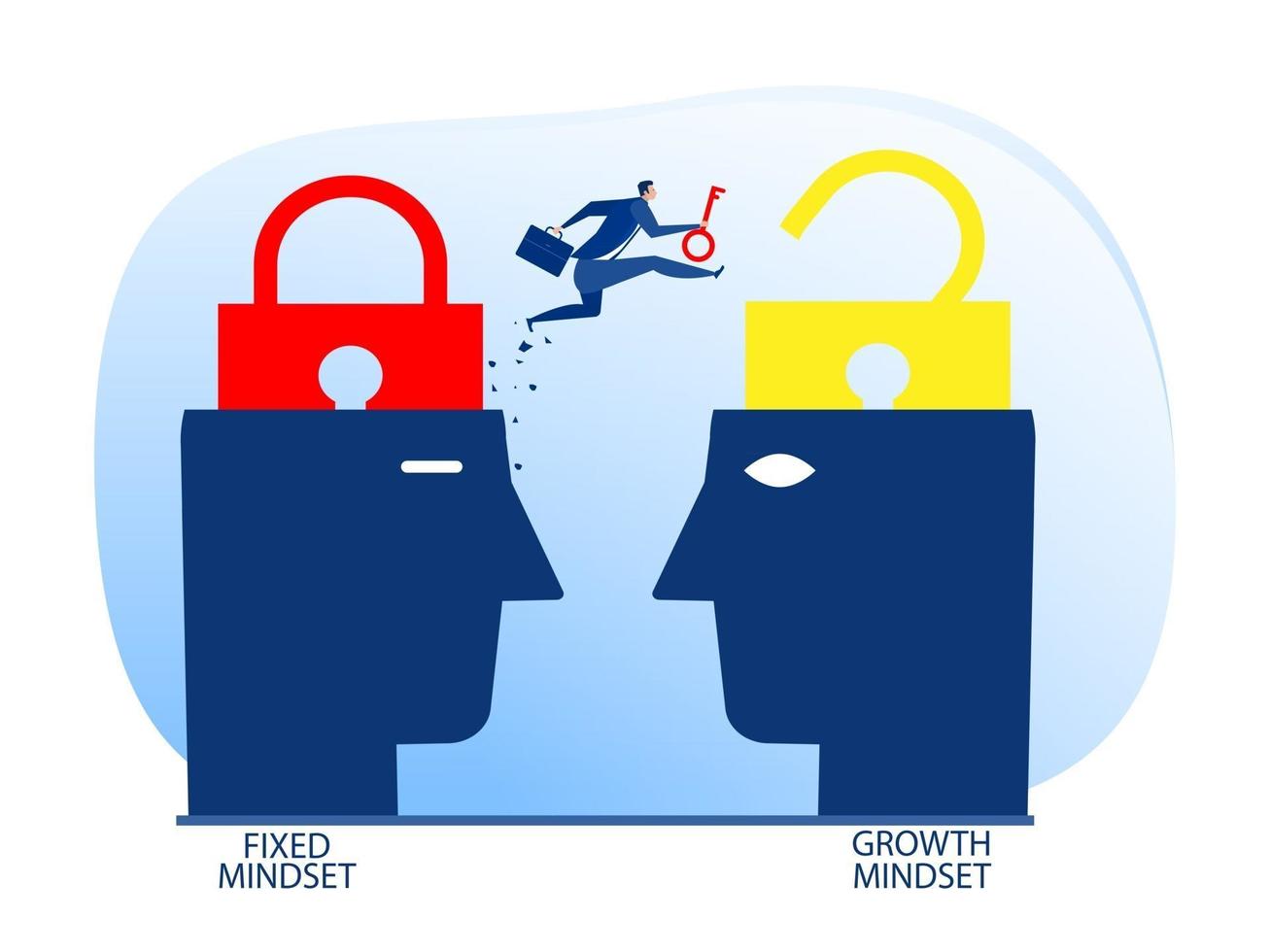 Businessman holding key with jumping from fixed mindset move to Growth mindset thinking concept vector illustrator.