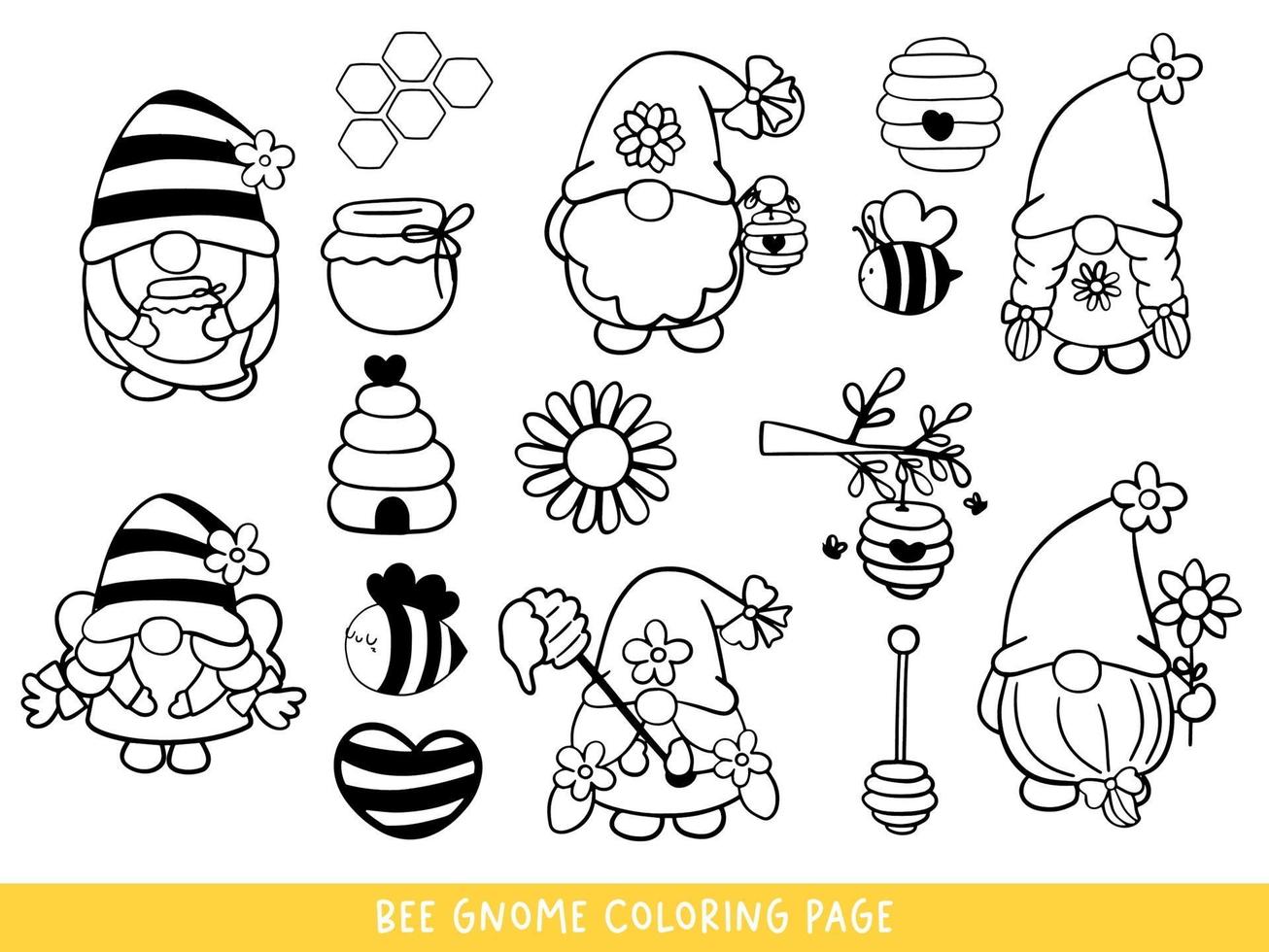 Bee Gnomes Doodle, Bee Gnome Coloring Page. vector