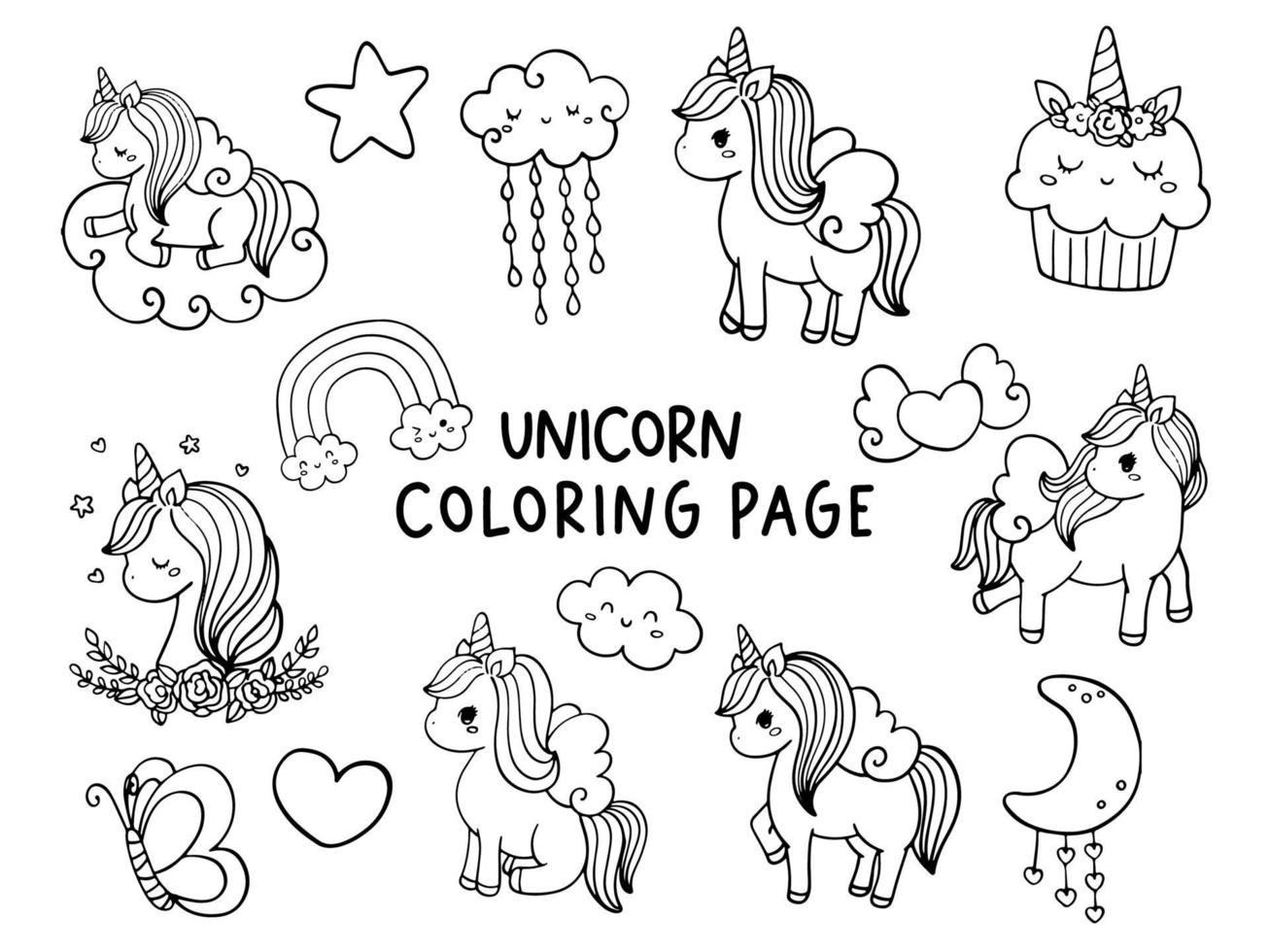 Unicorn coloring page, Unicorn doodle vector illustration