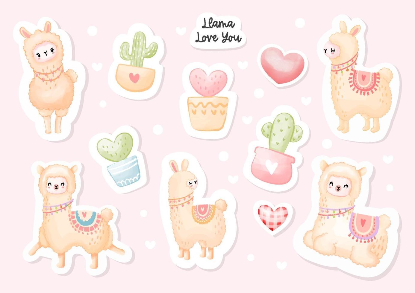 Llama love you sticker, Cute lama and cactus pot. Watercolor Vector illustration