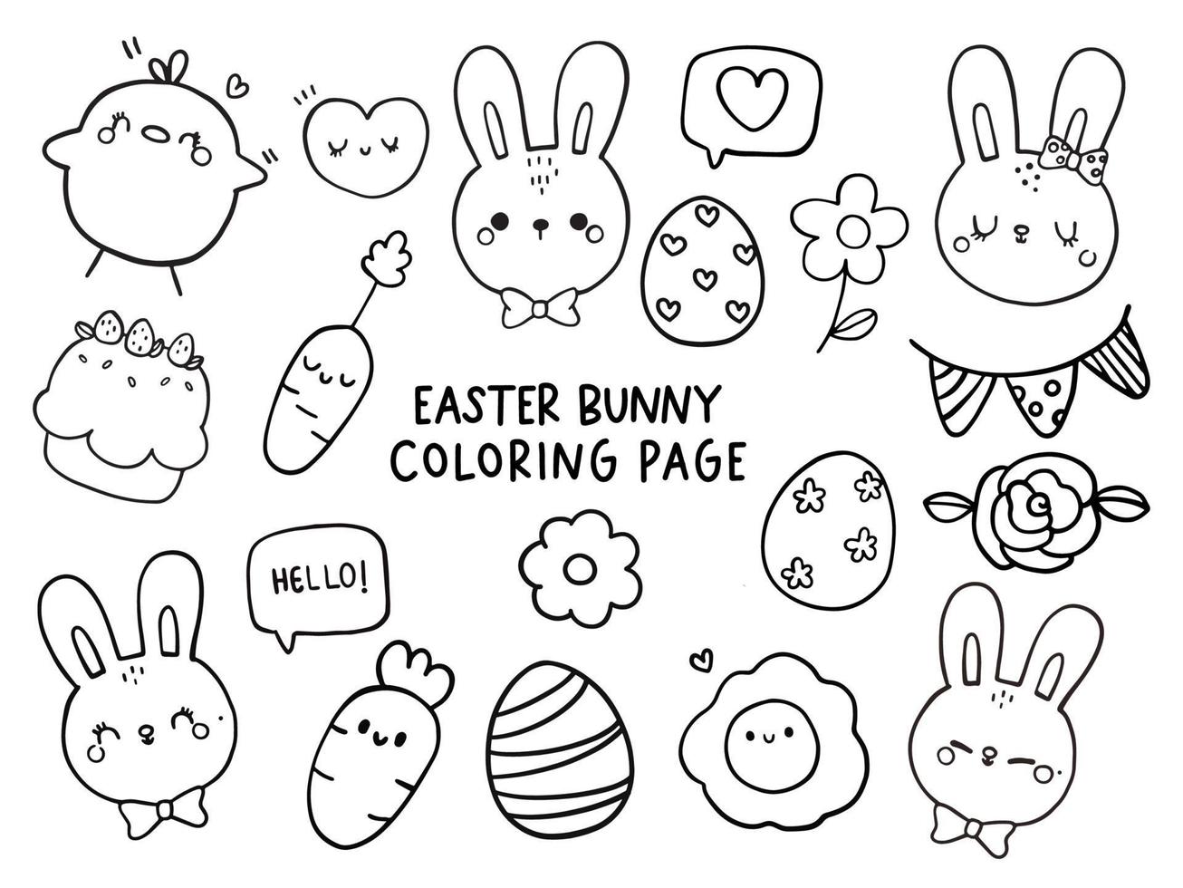 Happy Easter day with rabbit coloring page. Vector illustration