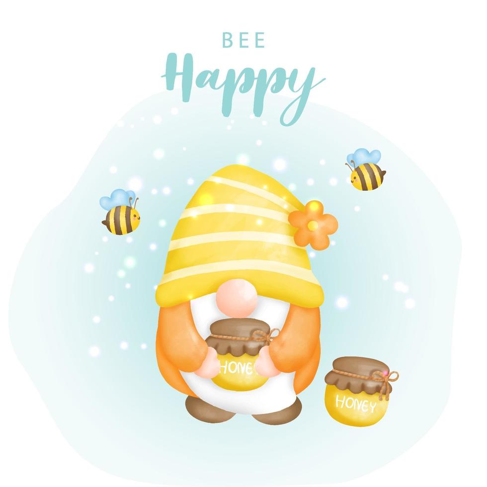 abeja feliz con lindo gnomo y abejas, ilustración de vector de pintura digital.