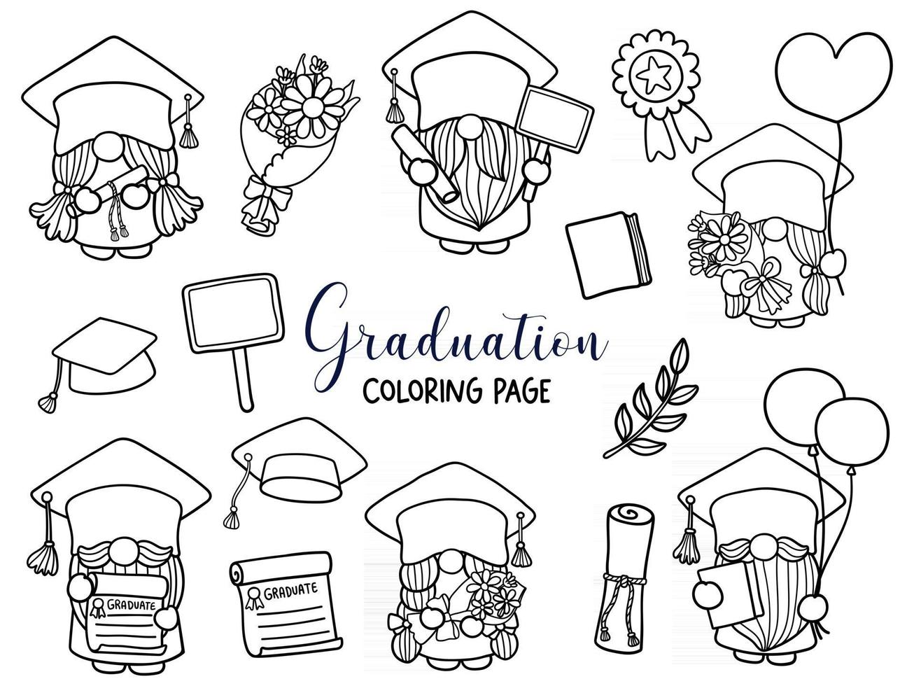 Graduation Doodle, Gnome Coloring Page. vector