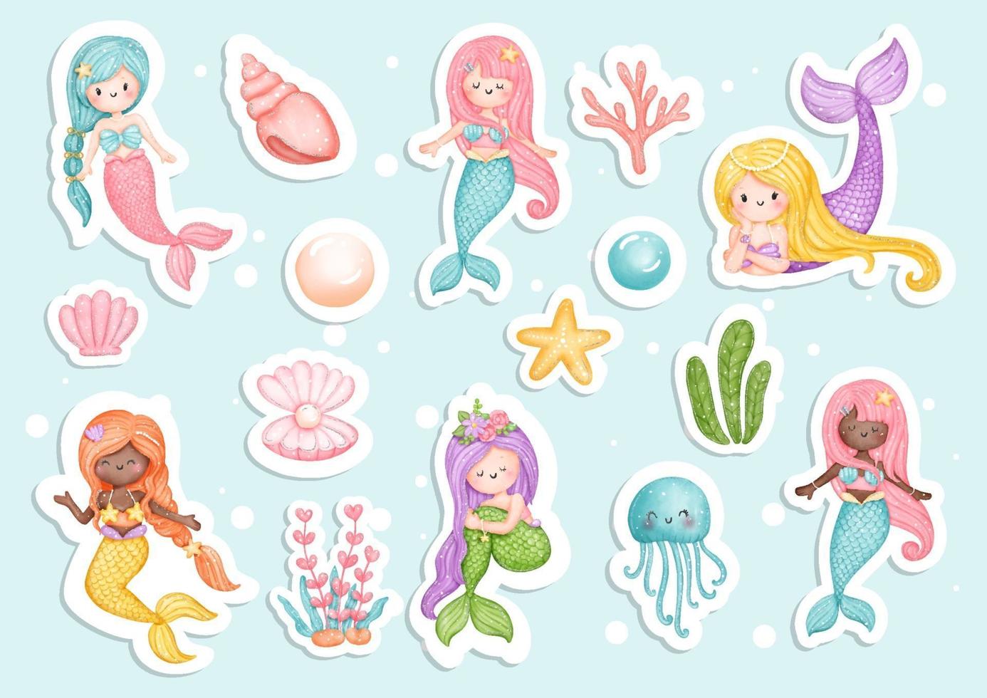 Watercolour mermaid sticker, planner and scrapbook. vector