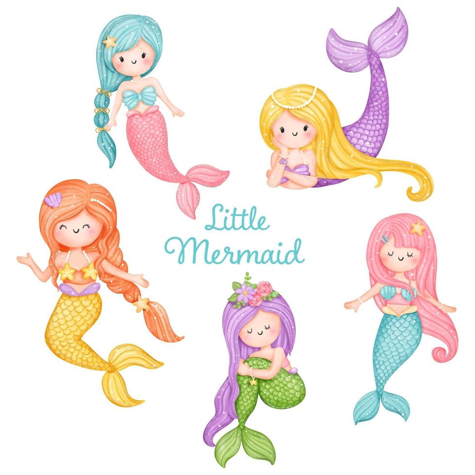 Digital painting watercolor little mermaid vector