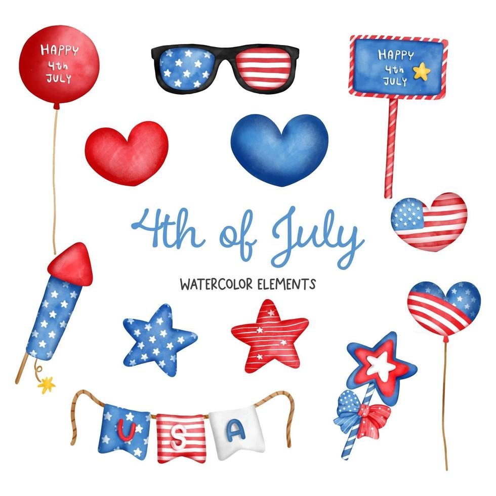 Digital painting watercolor 4th of July element, Independence day element. vector
