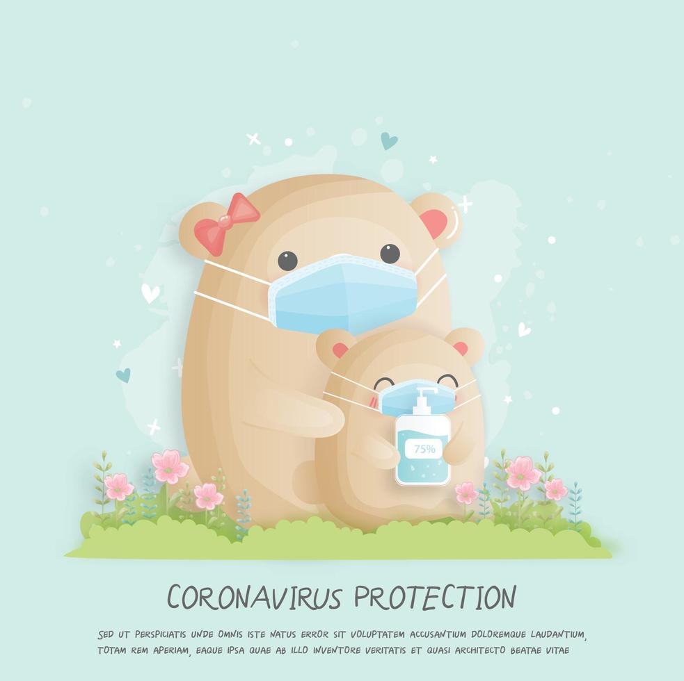 protección contra el virus corona con linda madre e hijo oso. animal con máscara. ilustración vectorial. vector