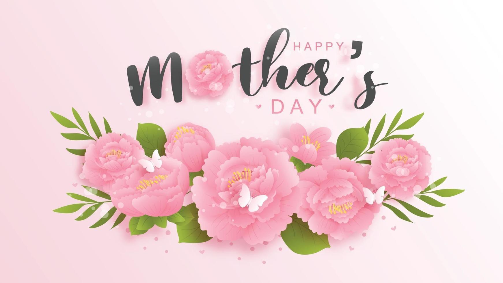 Fondo de feliz día de la madre con coloridas flores y mariposas. Ilustración de vector de corte de papel.