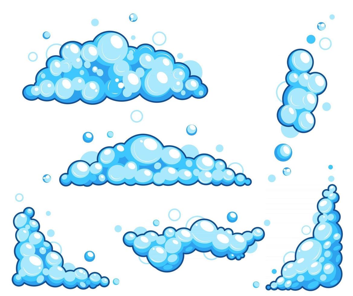 Cartoon Soap Foam Set With Bubbles. Light Blue Suds of Bath, Shampoo, Shaving, Mousse. vector