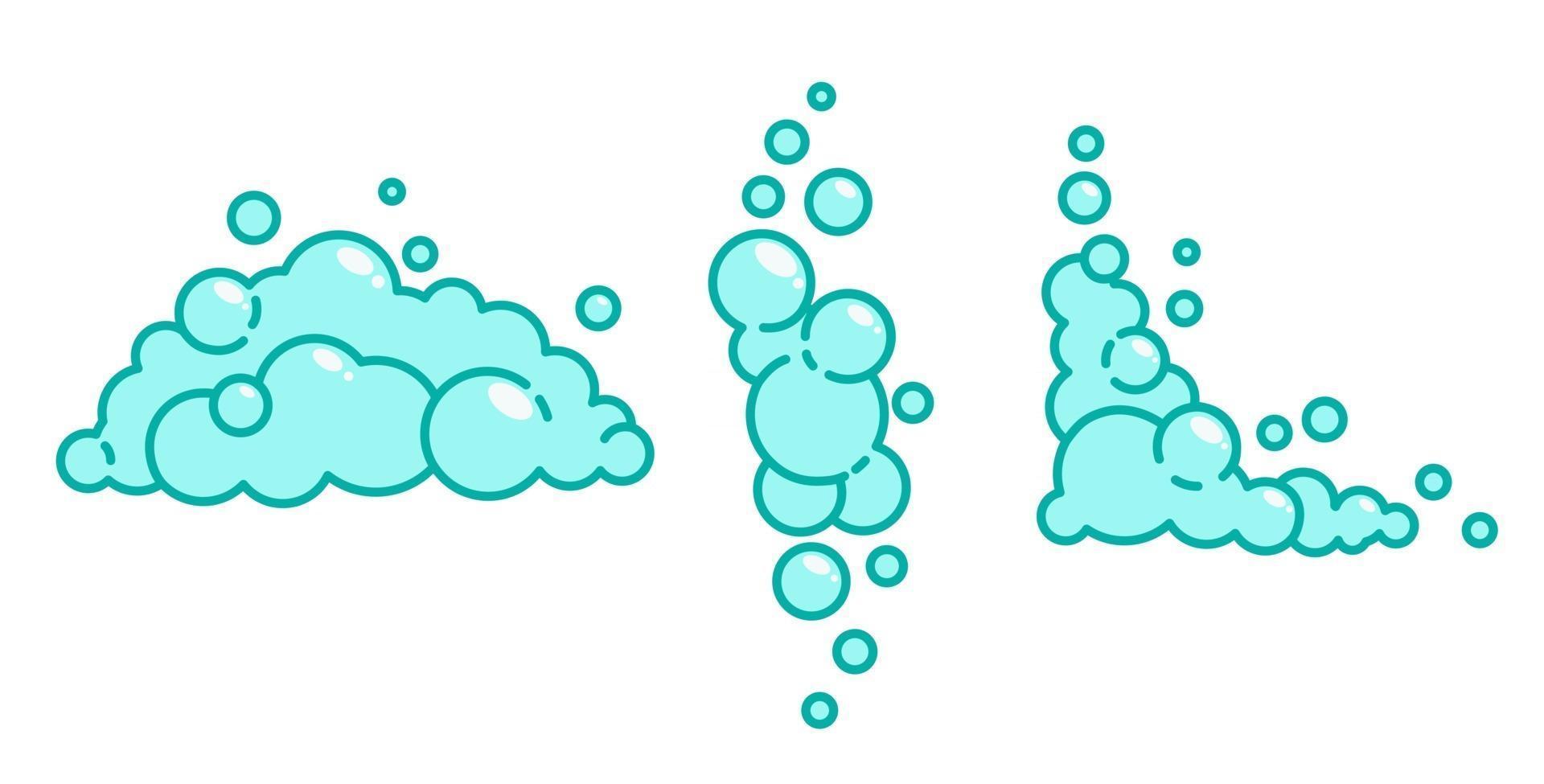 Cartoon soap foam set with bubbles. Light blue suds of bath, shampoo, shaving, mousse. vector