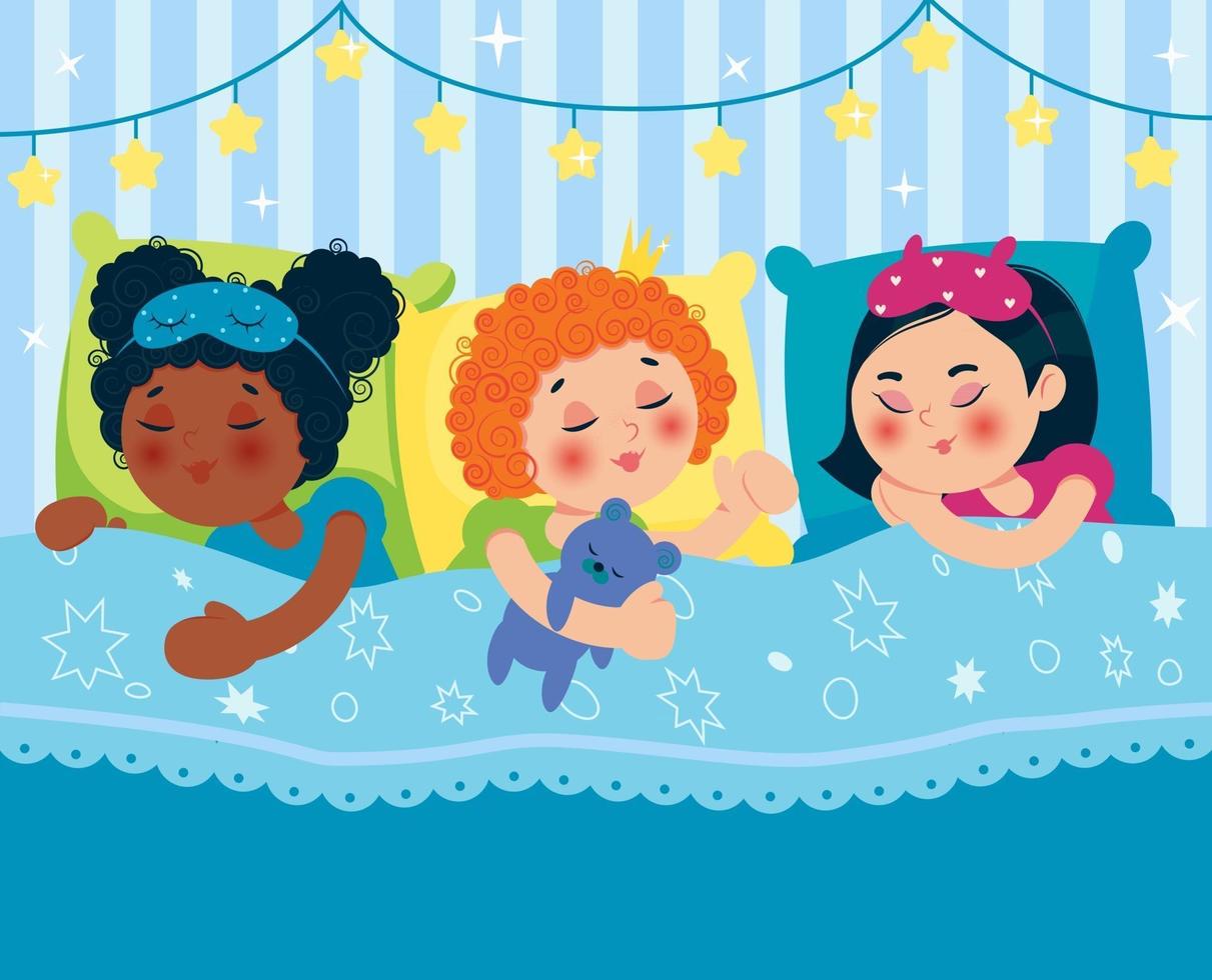Girls Sleeping in Bed After a Pajama Party. Children of Different Nationalities. vector