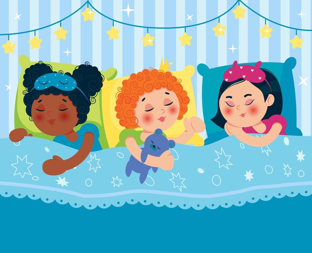 chicas durmiendo en la cama después de una fiesta de pijamas. niños de diferentes nacionalidades. vector