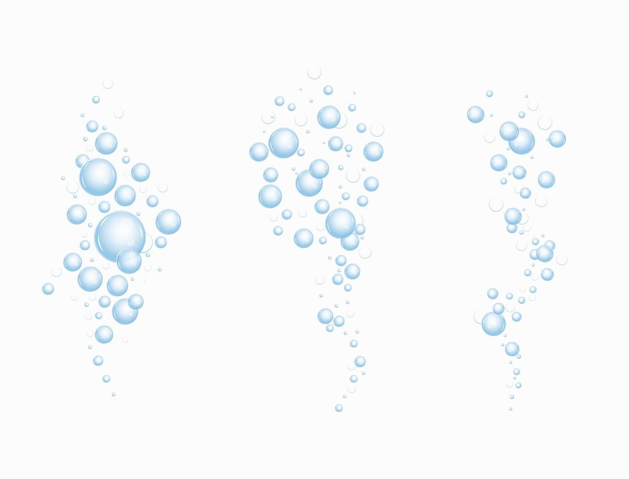 Realistic fizzing flow of air underwater bubbles in water, soda, sea. Foam bubbles. Vector illustration isolated on white background. Design set.